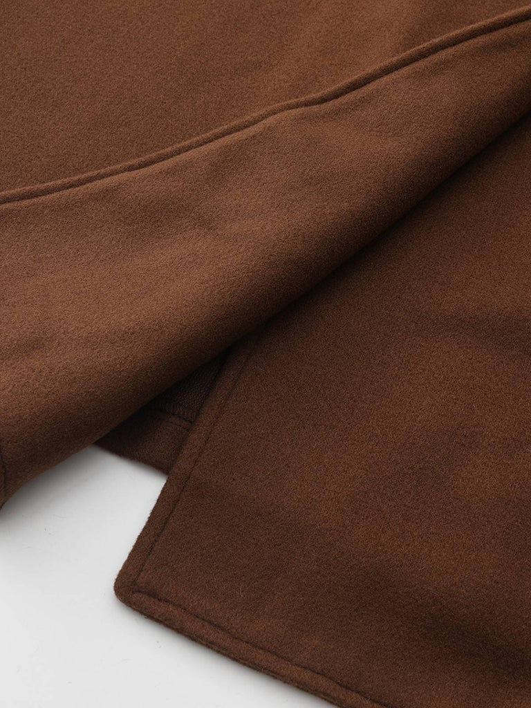 Brown 1930s Notched Collar Faux-Wool Long Coat