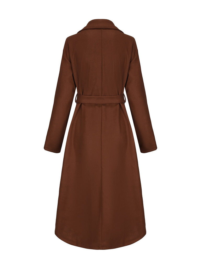 Brown 1930s Notched Collar Faux-Wool Long Coat
