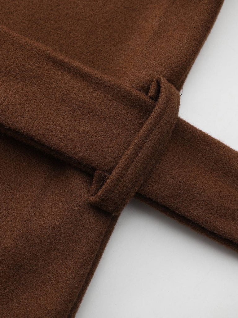 Brown 1930s Notched Collar Faux-Wool Long Coat