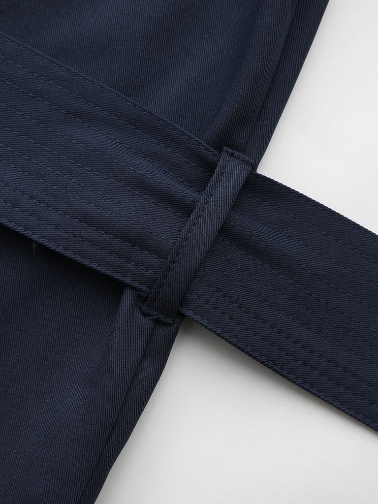 Blue 1940s Double-Breasted Round Neck Trench Coat