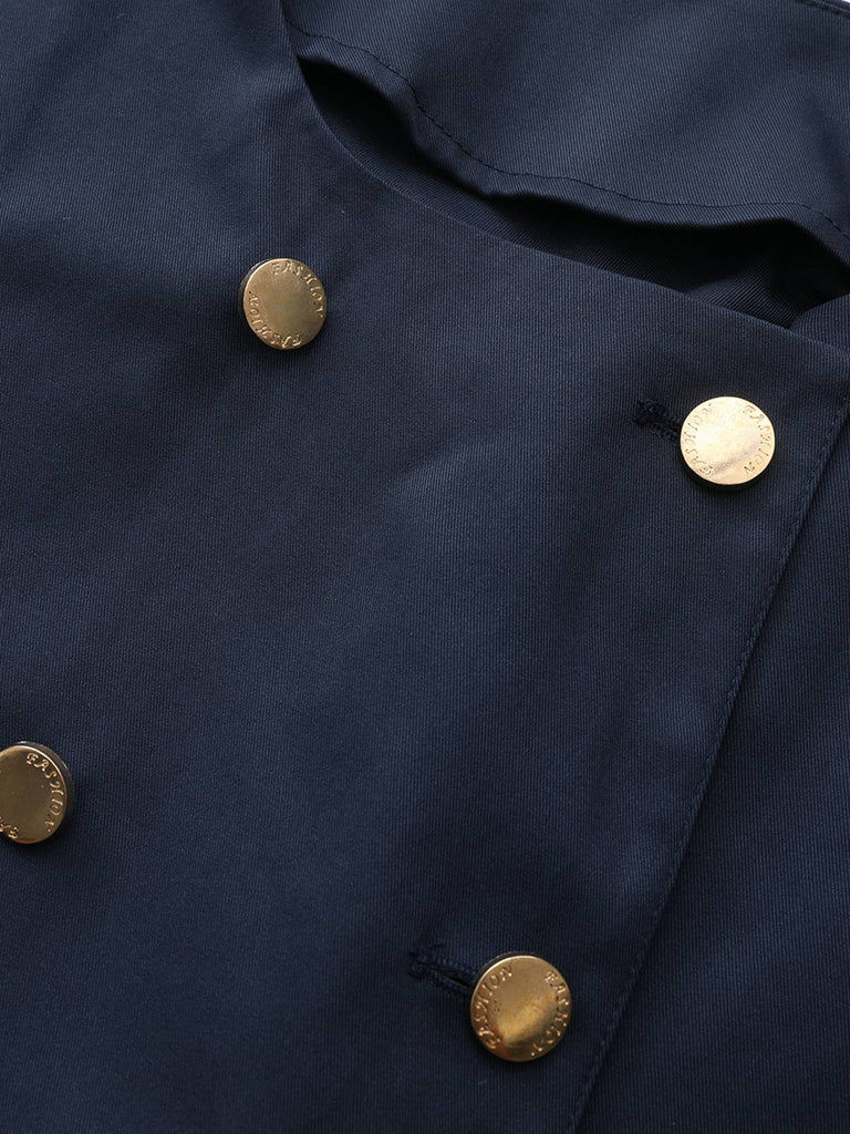 Blue 1940s Double-Breasted Round Neck Trench Coat