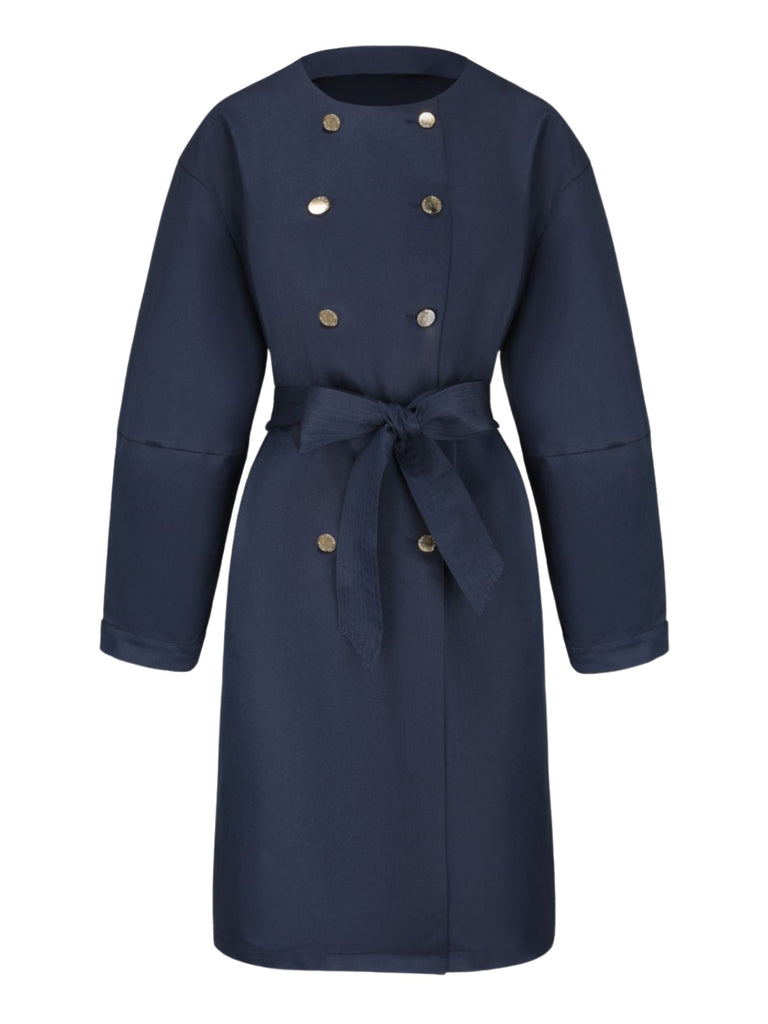 Blue 1940s Double-Breasted Round Neck Trench Coat