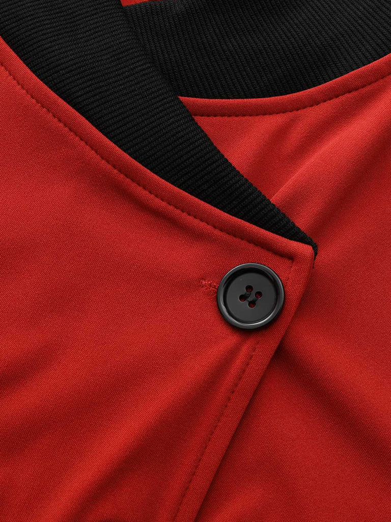 Red 1940s Diagonal Button Stand Collar Coat