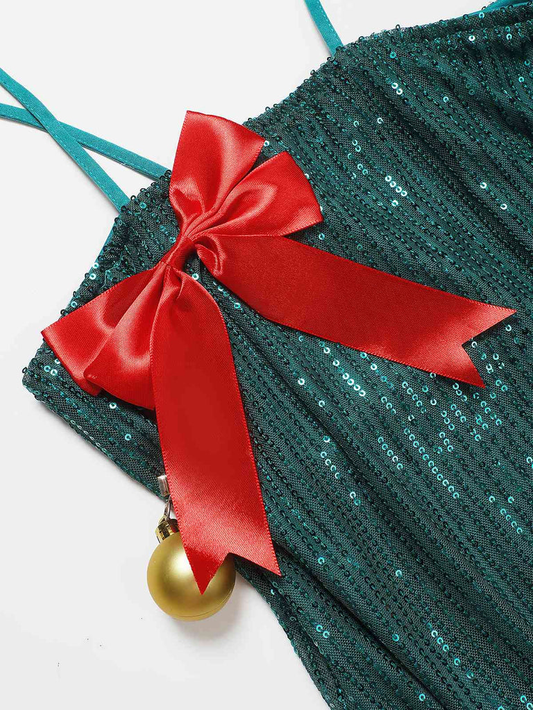 Green 1960s Bow & Christmas Bell Sequin Dress