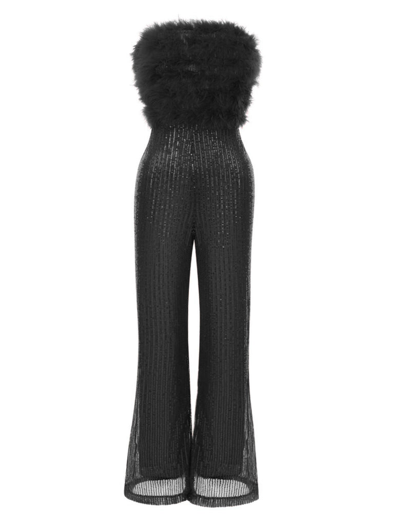 1950s Solid Feather Sequin Patchwork Strapless Jumpsuit