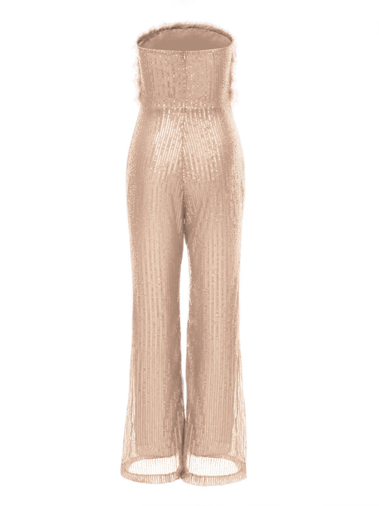 1950s Solid Feather Sequin Patchwork Strapless Jumpsuit