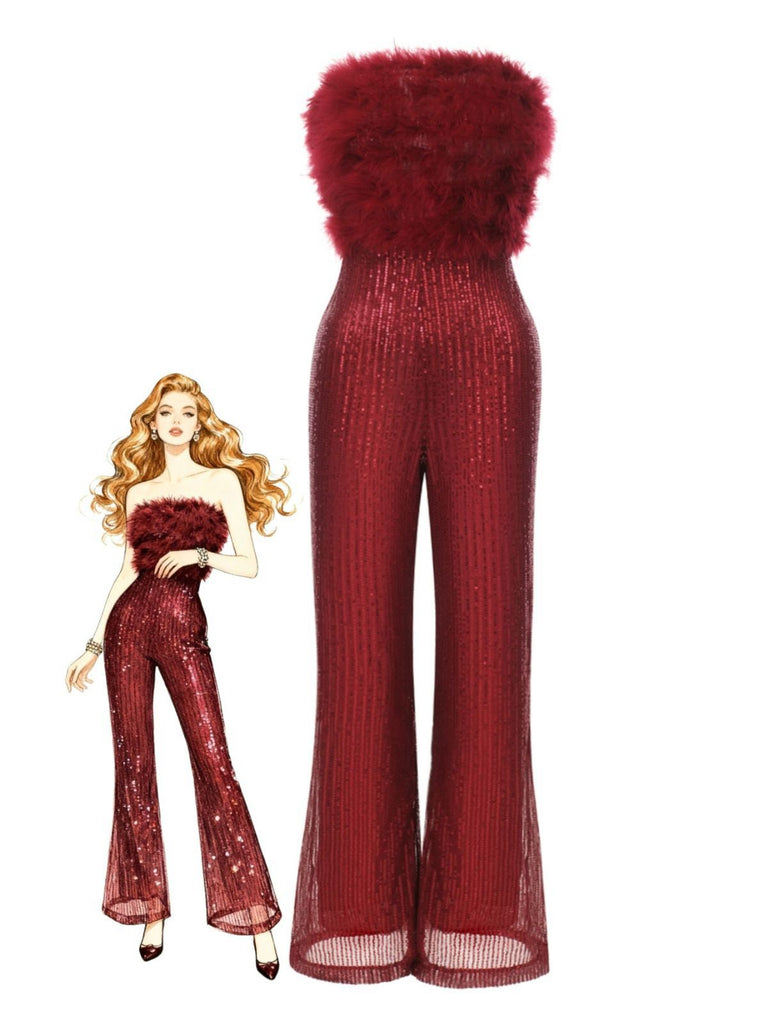 1950s Solid Feather Sequin Patchwork Strapless Jumpsuit