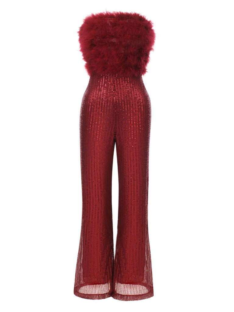 1950s Solid Feather Sequin Patchwork Strapless Jumpsuit