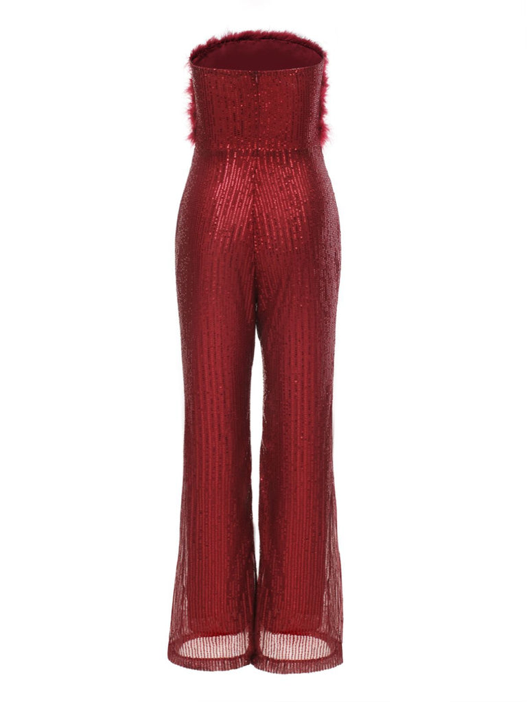 1950s Solid Feather Sequin Patchwork Strapless Jumpsuit