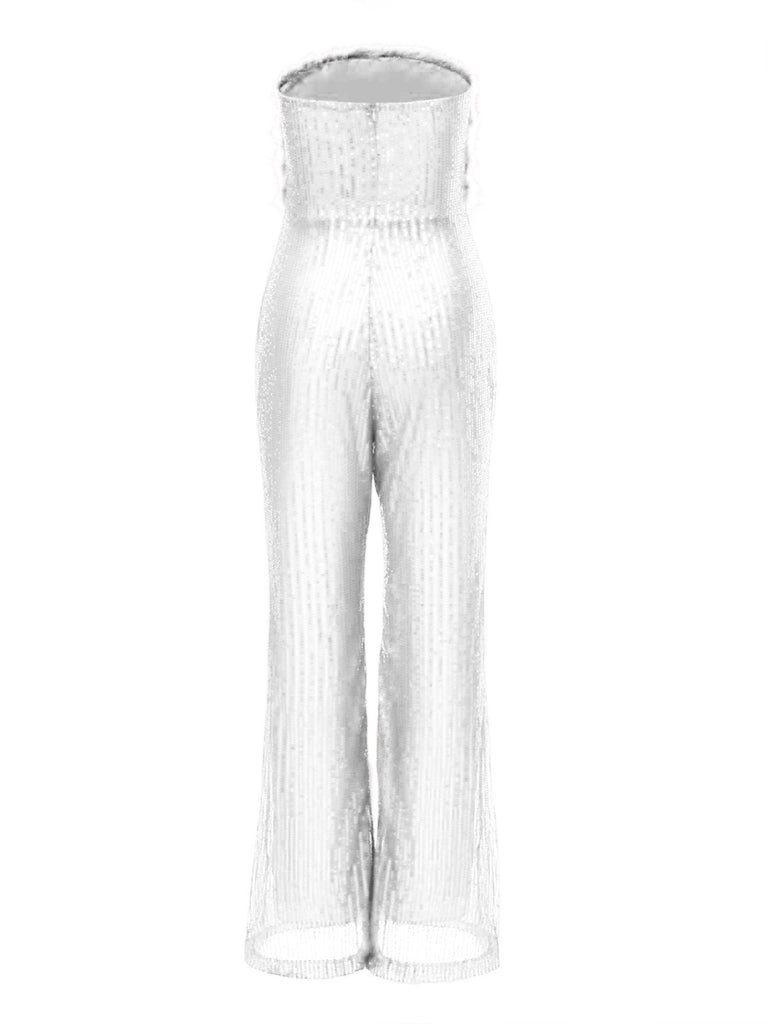 1950s Solid Feather Sequin Patchwork Strapless Jumpsuit
