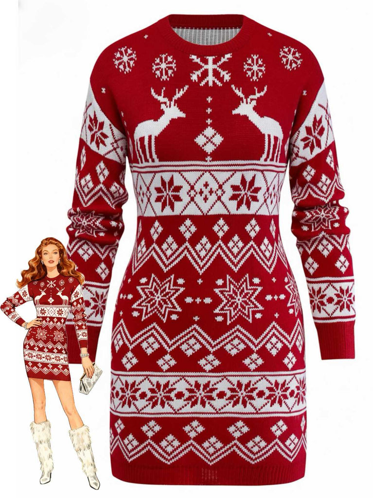 1960s Christmas Reindeer Snowflake Jacquard Knit Dress