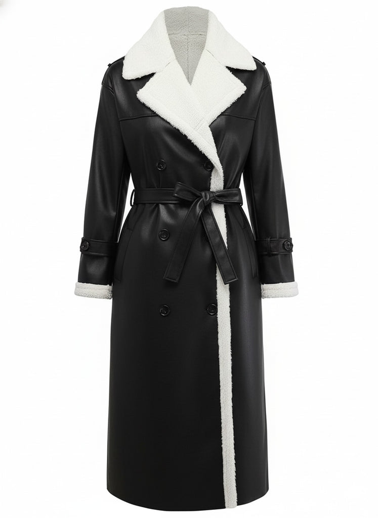 1940s Contrasted Faux Sherpa Fleece Lapel Long Coat