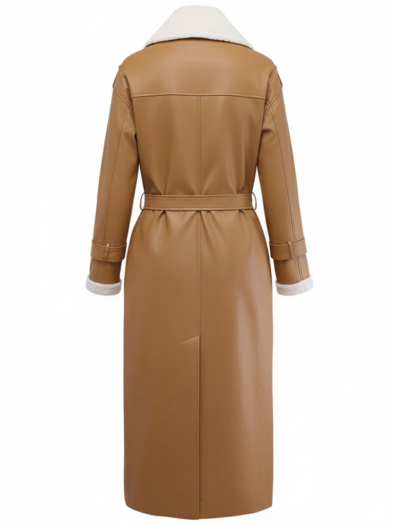 1940s Contrasted Faux Sherpa Fleece Lapel Long Coat