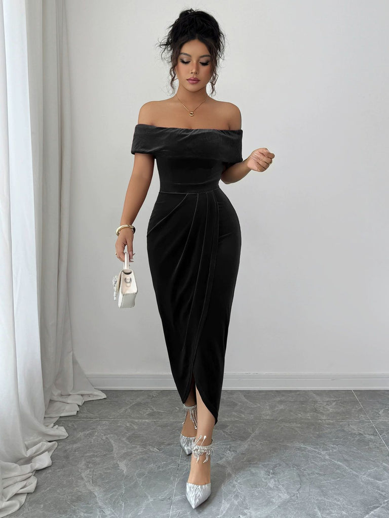 1980s Solid Velvet Off-Shoulder Midi Dress