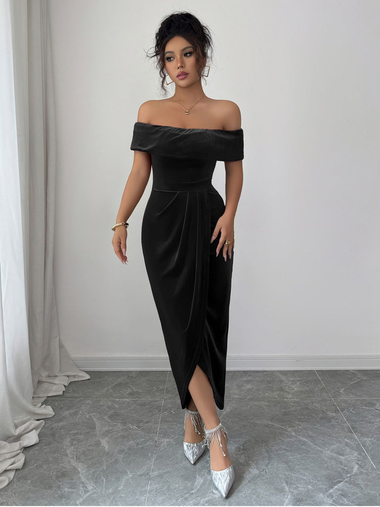 1980s Solid Velvet Off-Shoulder Midi Dress