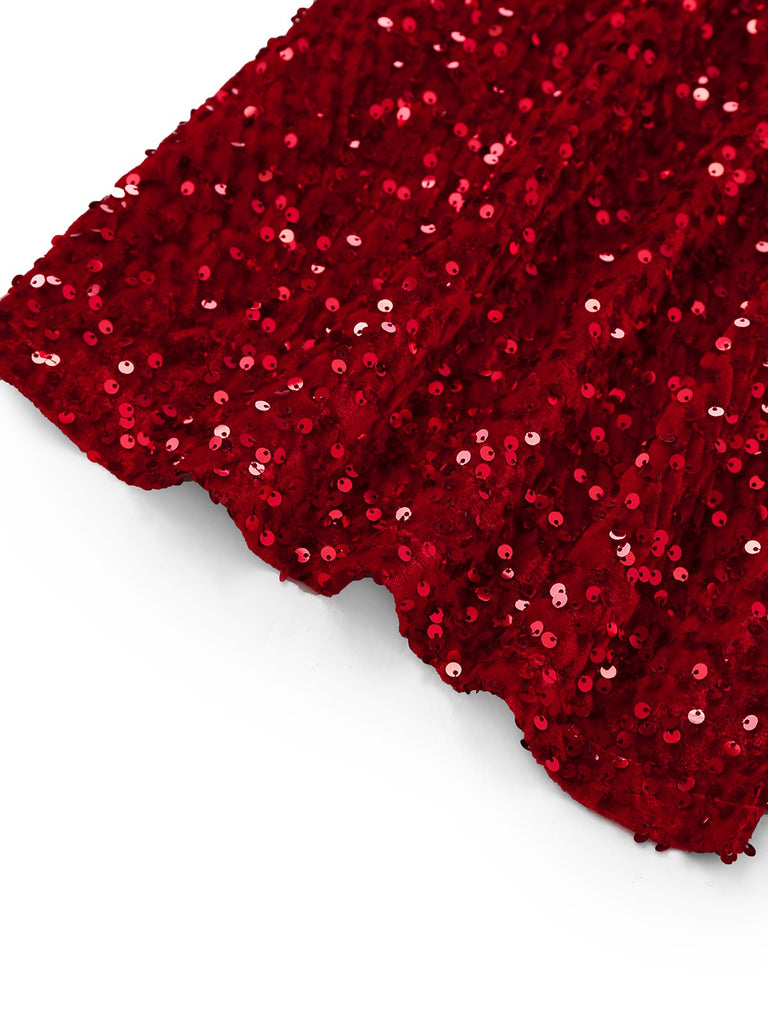 Red 1930s Sequined One-Shoulder Slit Bodycon Dress