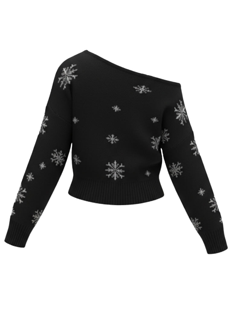 1970s Christmas Snowflake Asymmetrical Shoulder Pullover Sweater