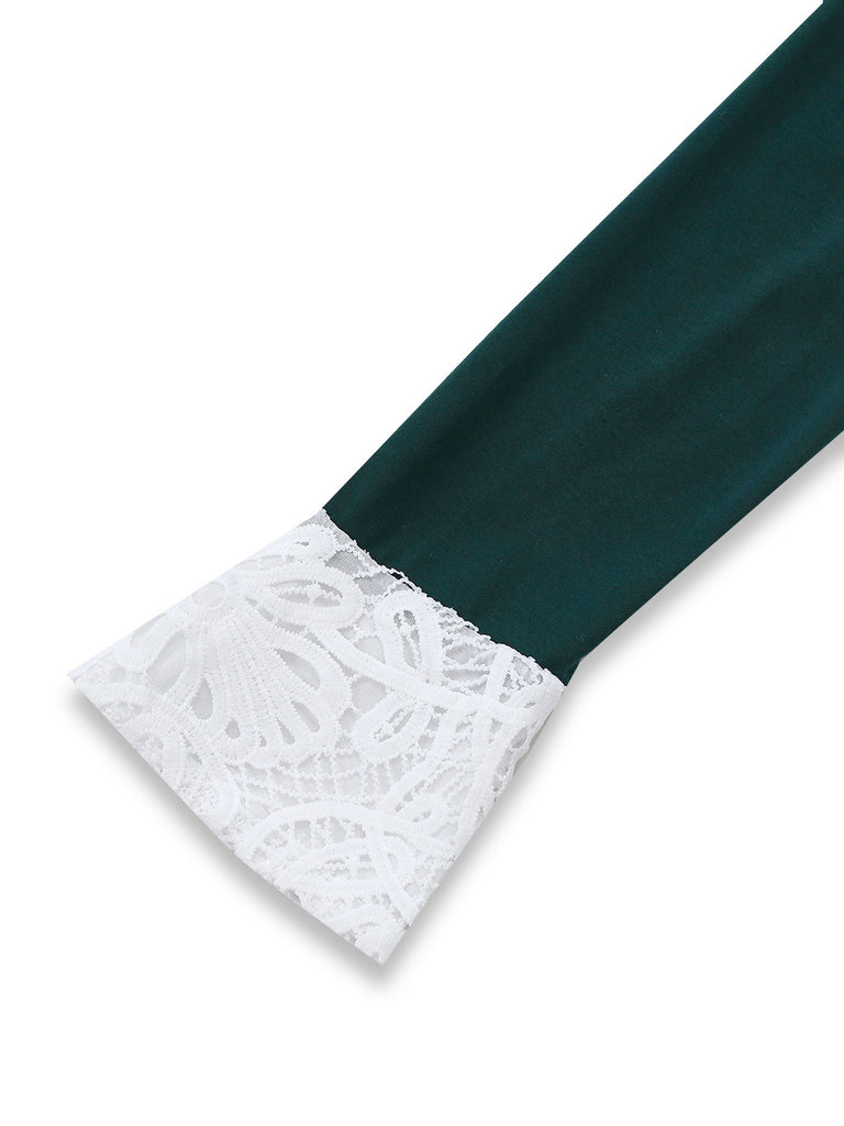 Green 1930s Plaid Lace Patchwork V-Neck Dress