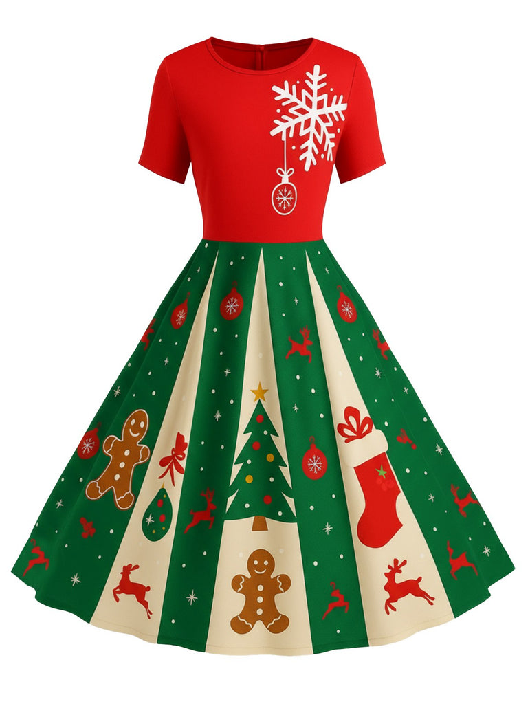 [Pre-Sale] Red & Green 1950s Christmas Snowflake Swing Dress