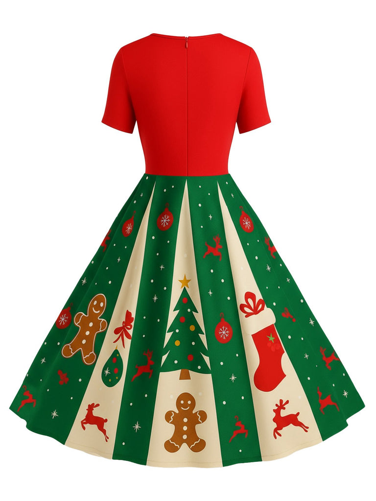 [Pre-Sale] Red & Green 1950s Christmas Snowflake Swing Dress