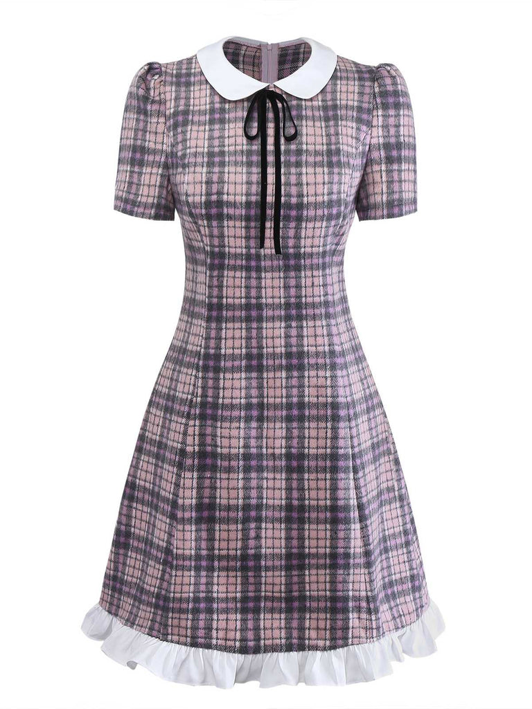 [Pre-Sale] Pink 1960s Peter Pan Collar Plaid Ruffle Hem Dress