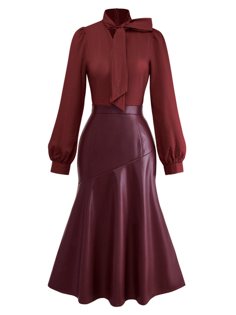 [Pre-Sale] Wine Red 1940s Tie Neck Leather Patchwork Dress