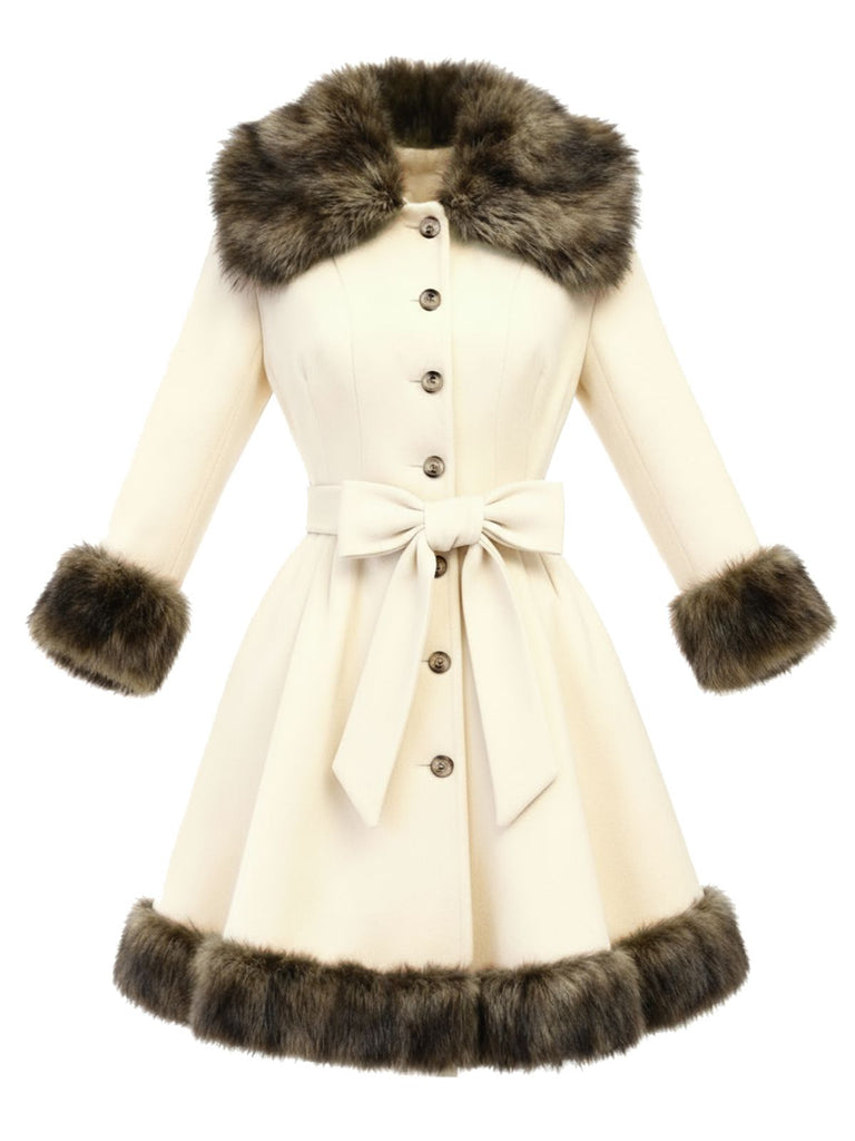 [Pre-Sale] Cream 1950s Fur Collar Patchwork Coat