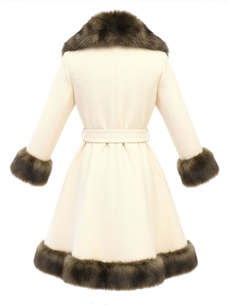 [Pre-Sale] Cream 1950s Fur Collar Patchwork Coat