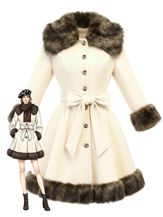 [Pre-Sale] Cream 1950s Fur Collar Patchwork Coat
