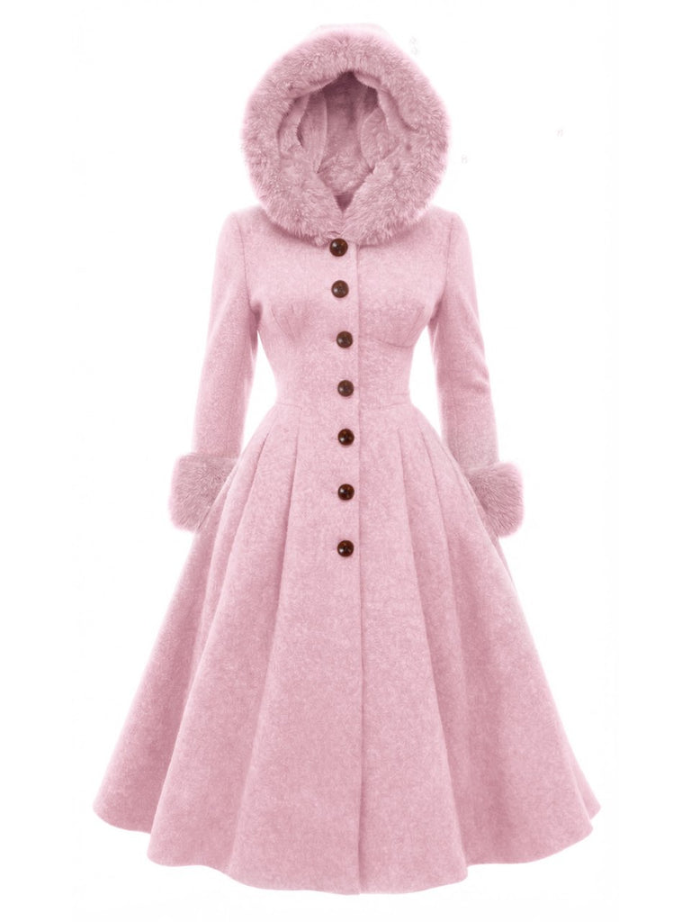 Pink 1950s Faux-Wool Hooded Button Coat
