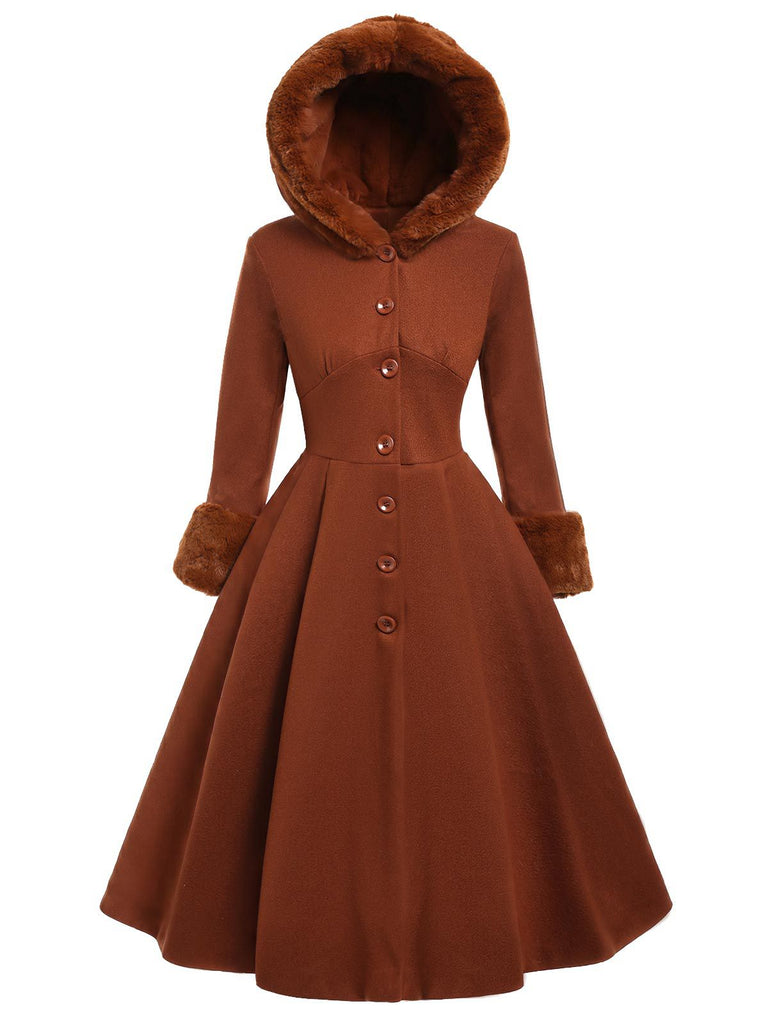 Brown 1950s Faux-Wool Hooded Button Coat