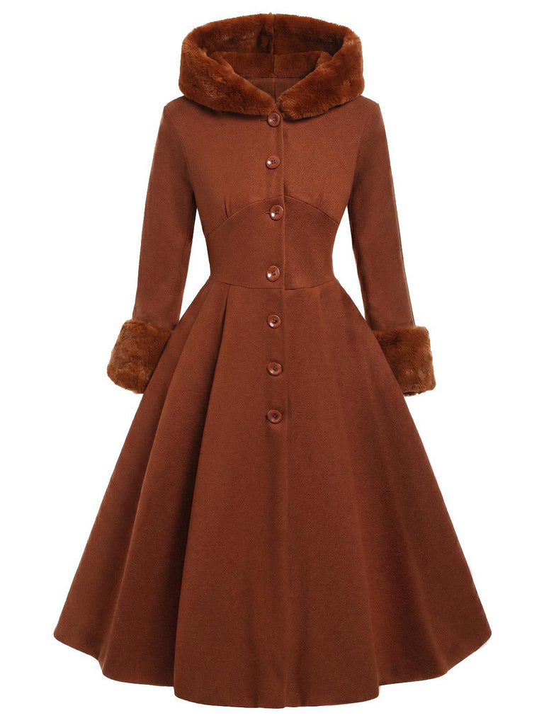 Brown 1950s Faux-Wool Hooded Button Coat