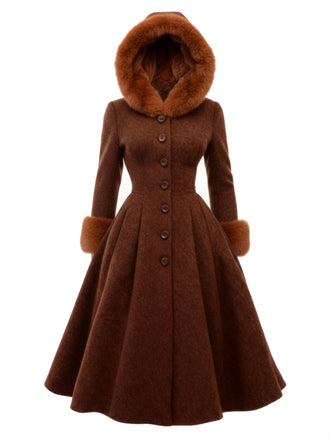 [Pre-Sale] Brown 1950s Faux-Wool Hooded Button Coat