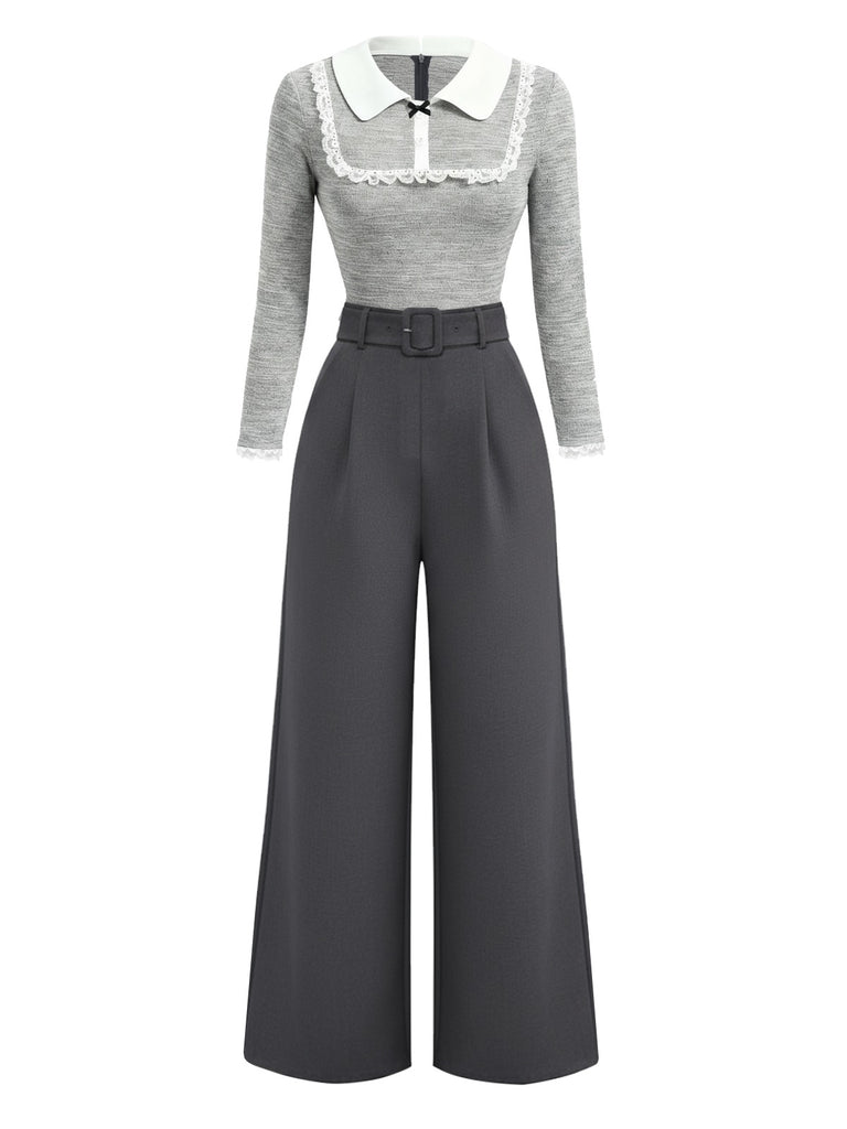 [Pre-Sale] Gray 1930s Knitted Patchwork Lace Belted Jumpsuit