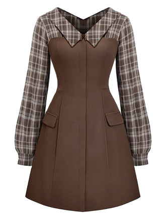[Pre-Sale] Brown 1960s Plaid Patchwork A-Line Dress