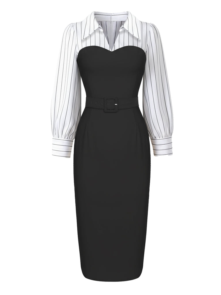 [Pre-Sale] Black 1960s Pinstripe Patchwork Lapel Bodycon Dress