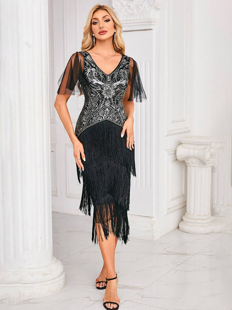 Silver 1920s Sequined Tassel Mesh Patchwork Dress