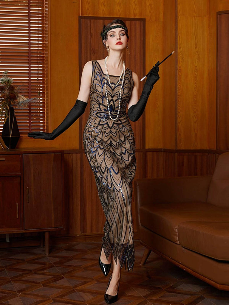 Black 1920s Floral Sequin Irregular Hem Dress