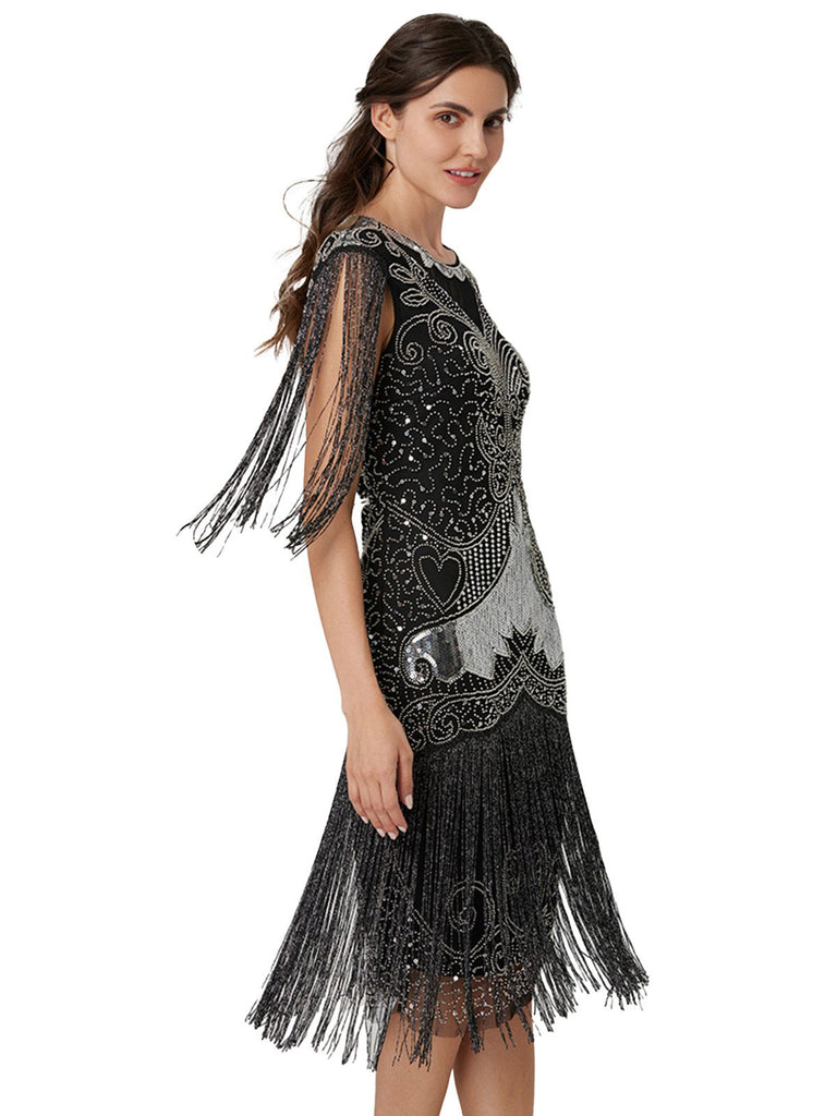 Silver 1920s Sequined Tassel Mesh Patchwork Dress