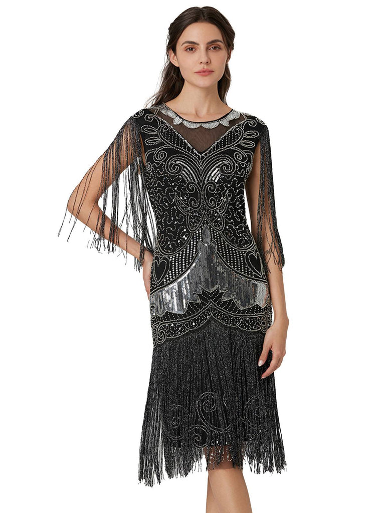 Silver 1920s Sequined Tassel Mesh Patchwork Dress