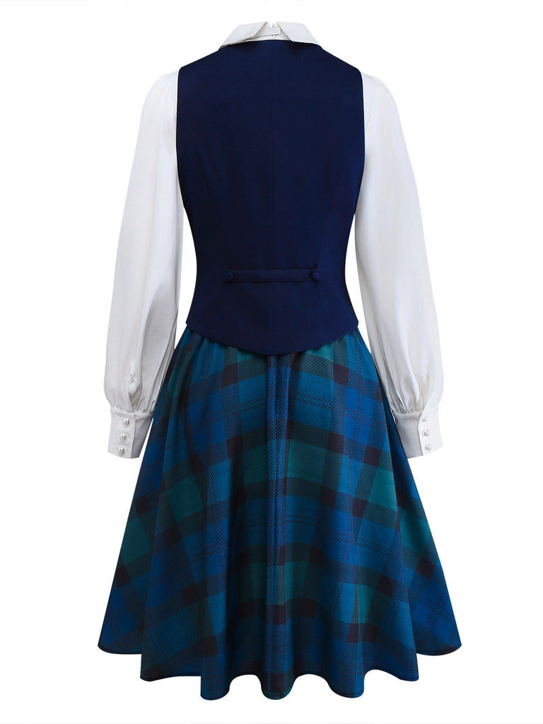 [Pre-Sale] 2PCS Dark Blue 1950s Lapel Vest & Plaid Dress