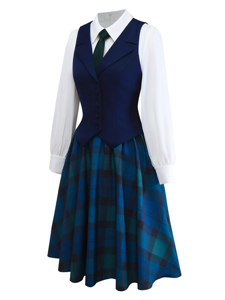 [Pre-Sale] 2PCS Dark Blue 1950s Lapel Vest & Plaid Dress
