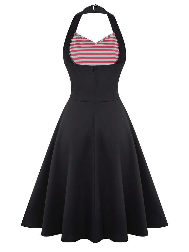 [Pre-Sale] Black & Red 1950s Sweetheart Stripe Knit Halter Dress