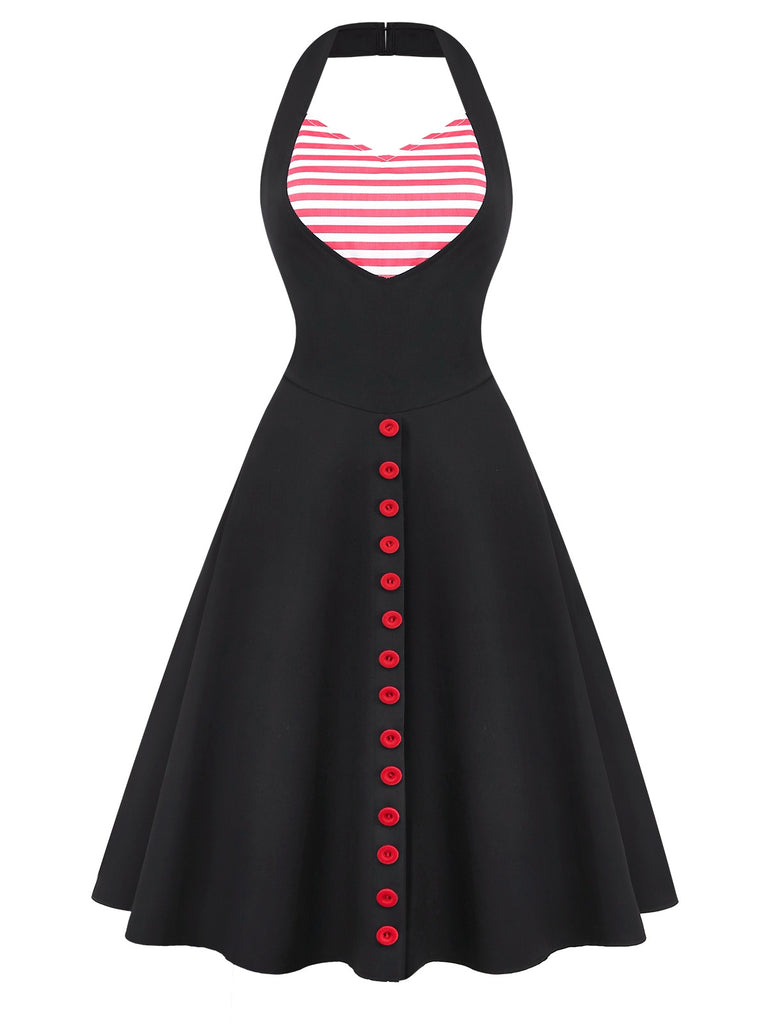 [Pre-Sale] Black & Red 1950s Sweetheart Stripe Knit Halter Dress