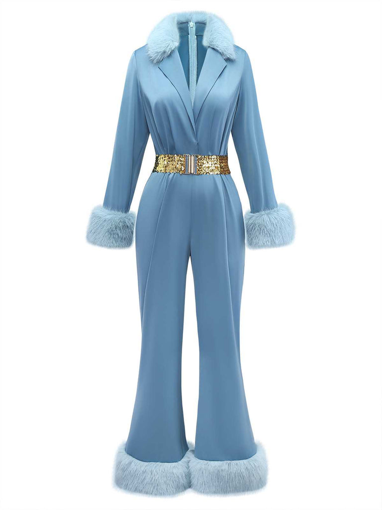 [Pre-Sale] Blue 1970s Fur-Trim Lapel Sequin Belted Jumpsuit