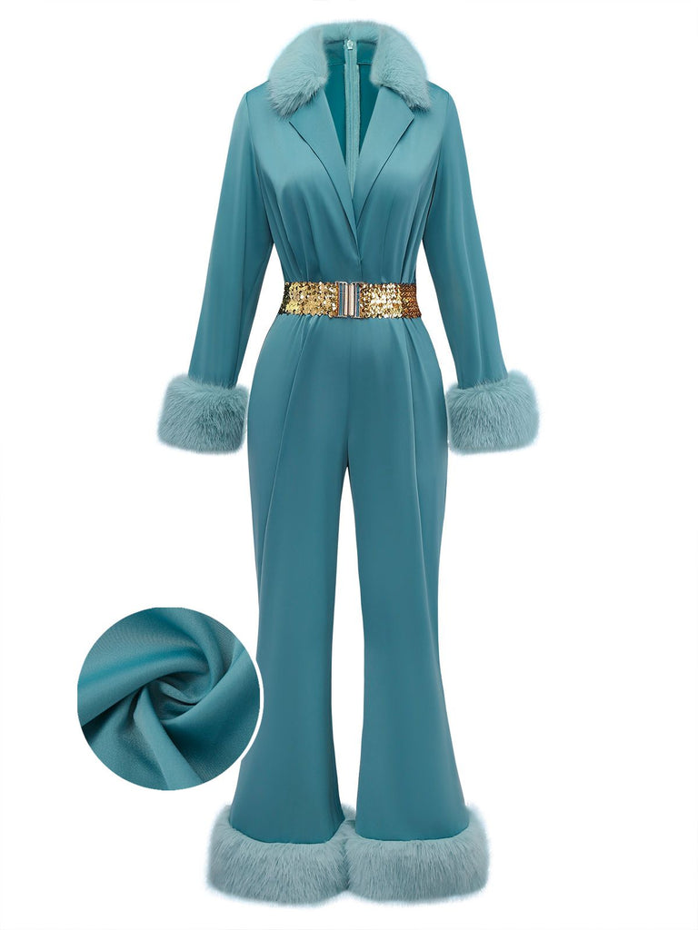 [Pre-Sale] Blue 1970s Fur-Trim Lapel Sequin Belted Jumpsuit