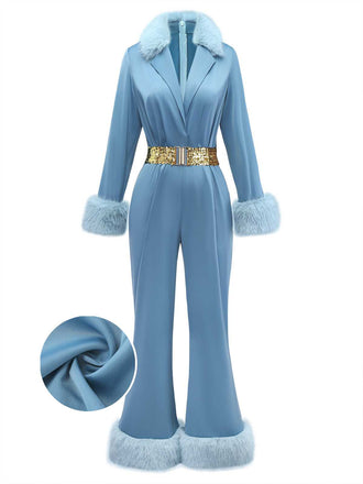 [Pre-Sale] Blue 1970s Fur-Trim Lapel Sequin Belted Jumpsuit