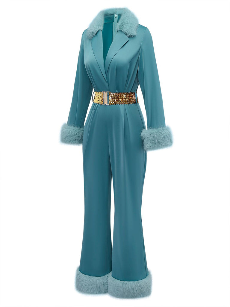 [Pre-Sale] Blue 1970s Fur-Trim Lapel Sequin Belted Jumpsuit