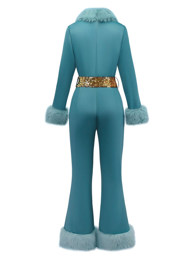 [Pre-Sale] Blue 1970s Fur-Trim Lapel Sequin Belted Jumpsuit