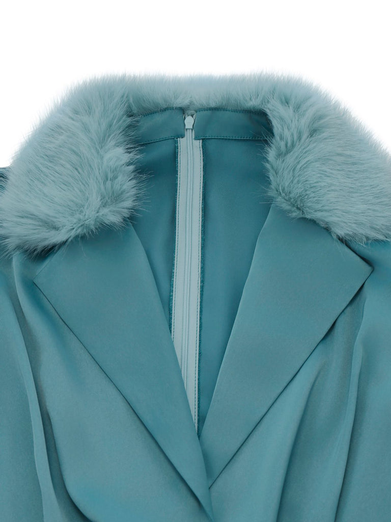 [Pre-Sale] Blue 1970s Fur-Trim Lapel Sequin Belted Jumpsuit